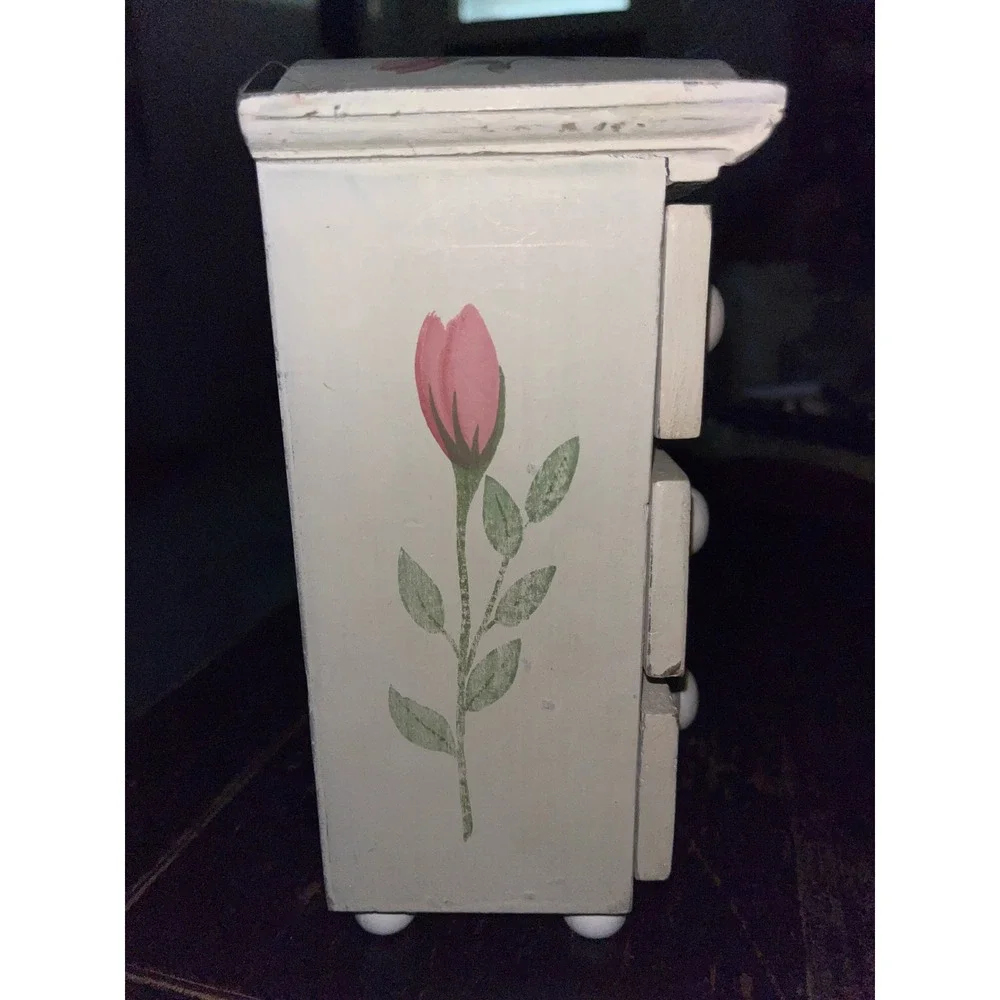 Vintage Hand Painted Floral Wooden Mini Chest 3 Drawers Jewelry Trinket Box Rose